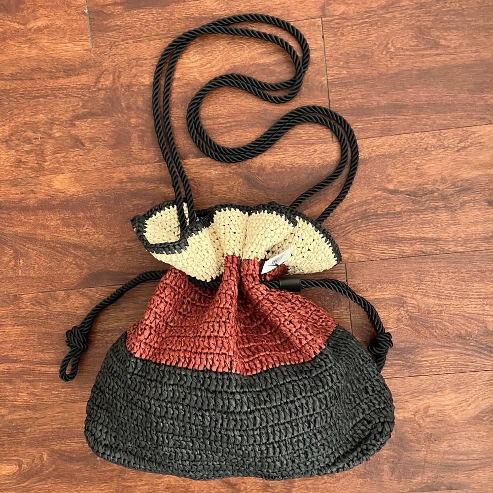 NWT Express Straw Shoulder/Crossbody Bag with Drawstring Close and Ruffled Top